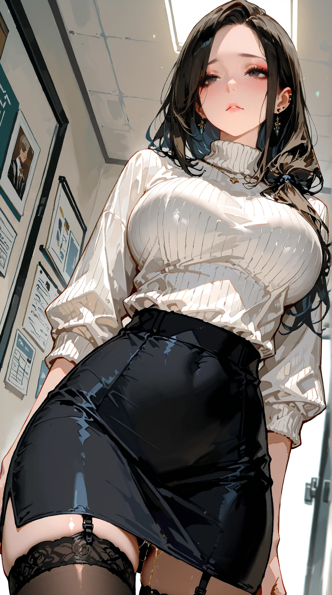 Milf secretary, black curly hair, curvy, pale skin with freckles, white button down shirt, black dress pants, worried face, blushing cheeks, stage inside tight elevator