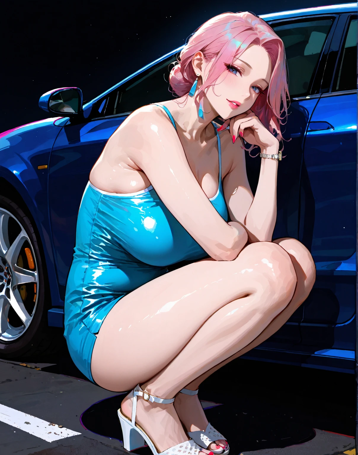 1 beautiful woman, full body view , ((sleep on the car), ribbon, shiny skin, , blush, beautiful face, seductive, a lot of makeup, (short wavy red hair, bob cut)