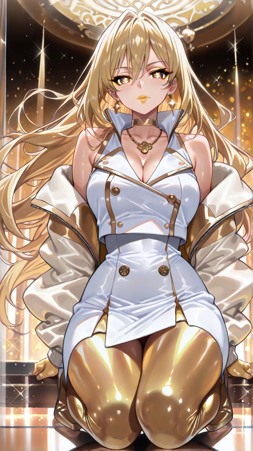 nsfw, (Perfect Anatomy)、Mastepiece、Ultra High Quality、 8k、masterpiece、Highest quality、Ultra-high resolution、Maximum resolution、Very detailed、Professional Lighting、anime、woman、thin、Very beautiful face、Very beautiful eyes、(Highly detailed eye)、Highly detailed face、Blonde, (ahoge), wavy hair, Pink eyes, blonde hair green dip-dye hair, stomach cutout, thigh boots, high heels, white mini pencil skirt, white off shoulder, makeup, eyeliner, eye shadow, pink cheek, pink lips, full body,
