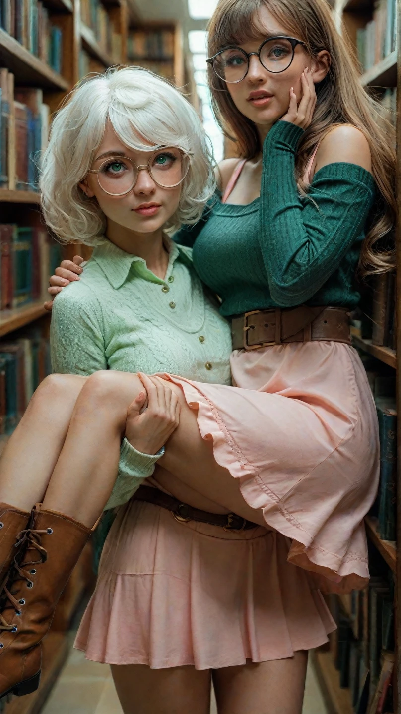30-year-old tan skinned Irish woman named Biena and, her pale white Norwegian lover with curly blonde hair named Estella, librarians, (squishing their bodies together, flowing together), lusting after each other, they had sex together, (detailed library background, laying on a pile of books together, laying on top of each other) (( Estella is a pale white Norwegian woman, straight blonde hair, messy bun, bangs over forehead, slim body, fit body)), ((Biena is 30-year-old, sexy, redhead, short and wavy hair, bangs, Irish woman, high cheekbones, suntanned skin, tan skin, bronze skin, fit sexy body)), ultra-realistic photo, feminine features, ((both have very different facial features, ethnicities, and skin colors)), ((wearing crop top turtleneck, librarian outfit, eye shadow, lip stick, glasses, no glasses)), conjoined, 2 heads, different heads, different skin colors, vitiligo, harsh mixing, clear boundary where skin color changes, smooth transition, contrasting skin colors
