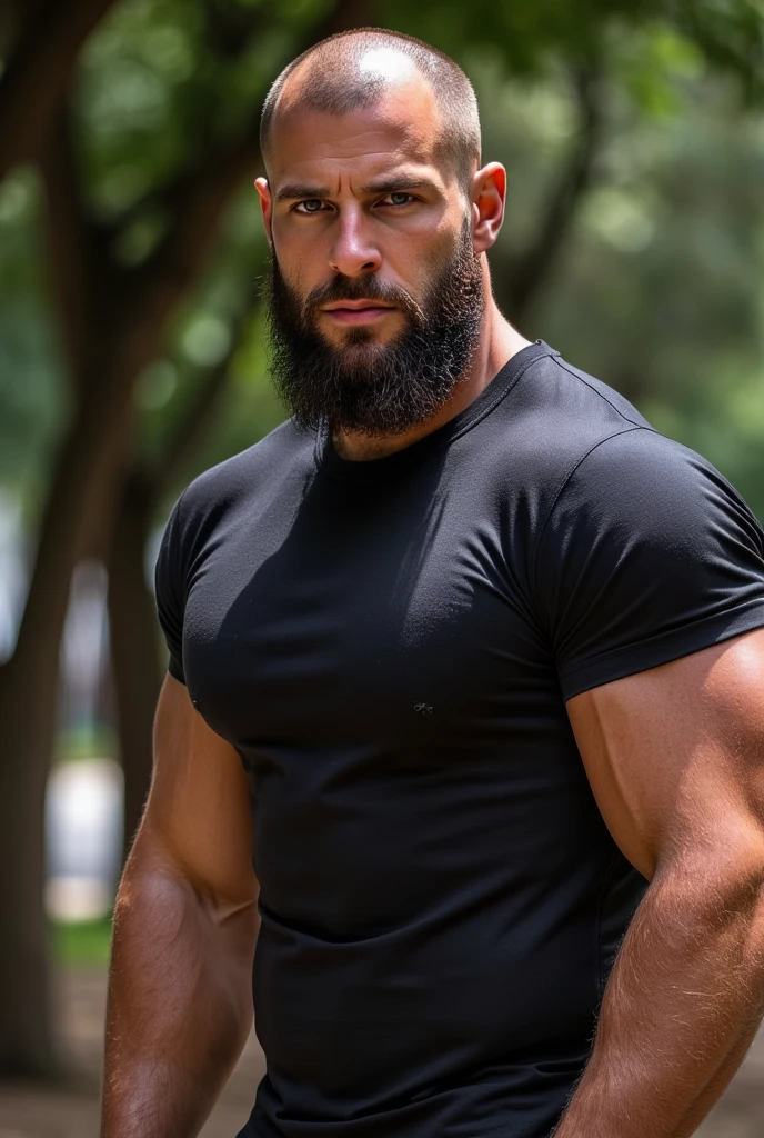Strong, hairy, bearded young mixed race man, standing, IN SLIPPERS, covered the entire hip by a bath towel with the Nicaraguan flag print, in front of a red and black bank branch with a sign written in capital letters “BANCO RIBEIRO”, on top of the revolving door.