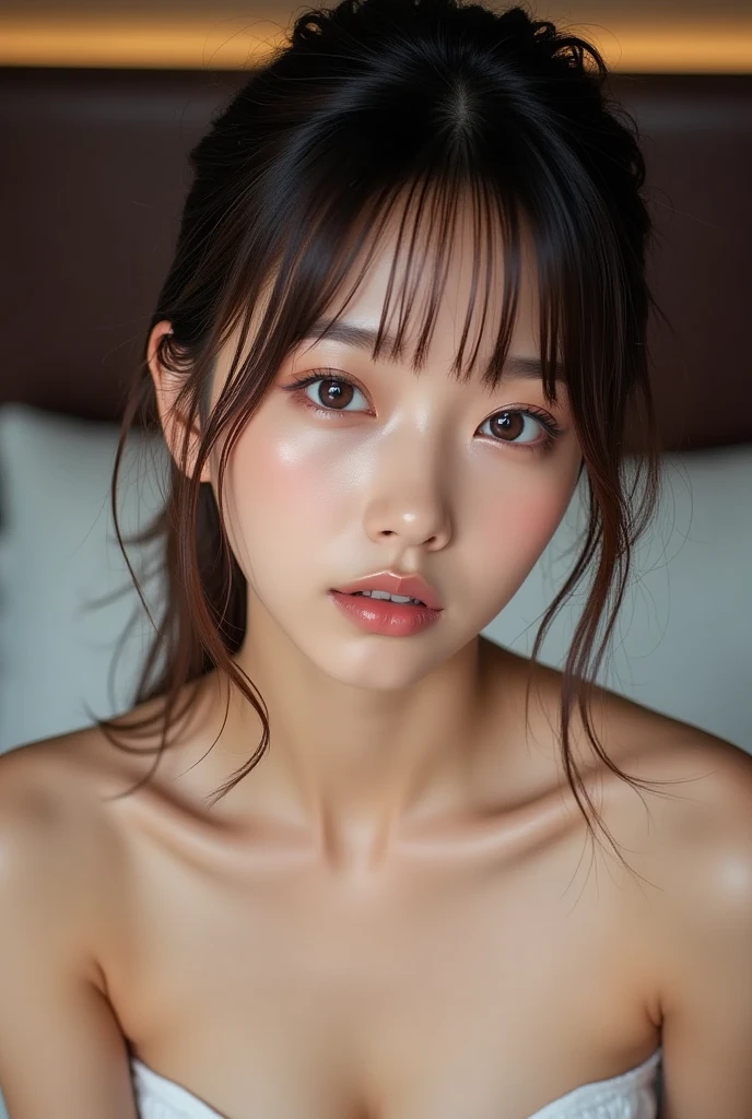 (1young girl:1.3), 18yo, brown eyes, fair skin, sweet girl, cute idol, beautiful girl with beautiful details, (shiny pink lips:1.3), extremely detailed eye and face, (sheer tube top with wide open breasts:1.3), Bare shoulders, (Bare chest, areola, nipples:1.4), (Best Quality:1.4), Super Detail, High quality, Realistic, extremely detailed CG unified 8k wallpaper, ighly detailed, High-definition raw color photos, professional photograpy, Realistic portrait, Cinematic Light, Beautiful detailed, (Realistic skin:1.2), Indoor, depth of fields,