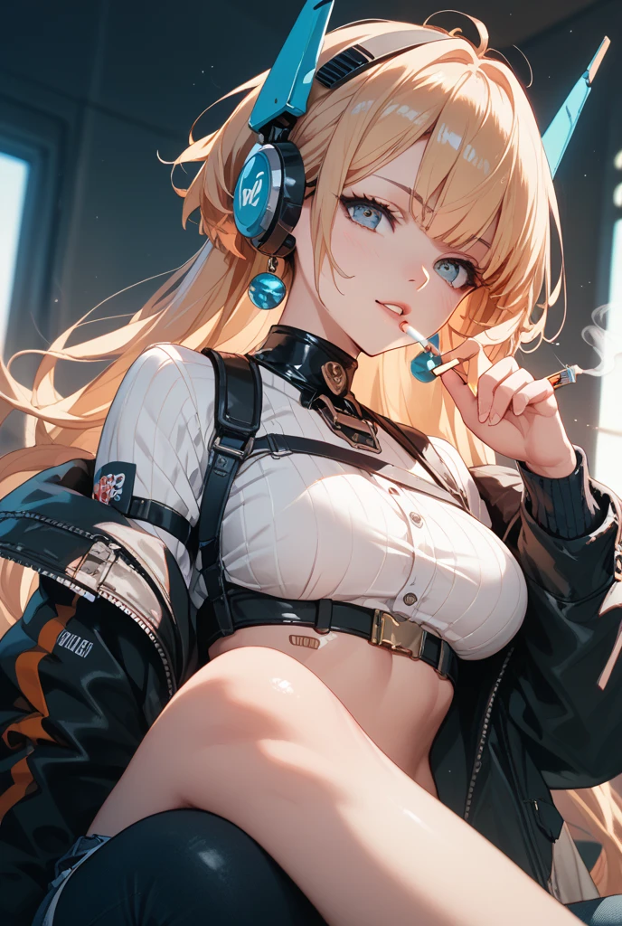 8k、Metersaster piece、highest qualthaty、Highest Level、Highest iMetersage qualthaty、Metersuste piece、Intricate details、High resolution、Depth Field、Natural light、Professional Lighting、(1 person)、alone、Anglo-Saxon girl、(cute:1.2)、Very beautiful 18 year old manga girl、(Skin with attention to detail: 1.2)、Photorealistic aniMeterse girl rendering、Realistic aniMeterse 3D style、Bobcut、、Beautiful light blonde hair、強烈なRed eyes、Strong eye highlights、Very large breasts、perfect anatoMetersy、((Black jacket、Wearing flashy underwear and detailed panties、Flexible and thin fabric、black Metersini skirt、Metersetal accessories、))、Decorative choker、fold your hands behind your back、Beautiful platinuMeters blonde hair、Long Hair、Crossed bangs、asyMetersMetersetrical bangs、Bobcut、Stick out your ears、eyelash、Red eyes、very Metersysterious sMetersile、Charm、(Sophisticated headphones)、Body shiny wthath oil、(Detailed bra、black Metersini skirt)、((Inspired by Shirow MasaMetersune))、girl in cyberpunk arMetersor、Epic Battle Fantasy Natalie、((rogue aniMeterse girl、Bad pose))、(In a slouching posthation、Squat down wthath both knees up、Spread your legs:1.5)、(short boots)、(Horny girl:1.2)、A big cthaty where you can see the sunset at 6 p.Meters.、Red sunset clouds、that&#39;it&#39;s raining、The body gets wet froMeters the rain、A decadent and futuristic city area at night、(Cyberpunk urban space)、(Car of the Future、Flashing red light)、(Lightning is flashing)、(Blue and purple neon lights flashing)、 information