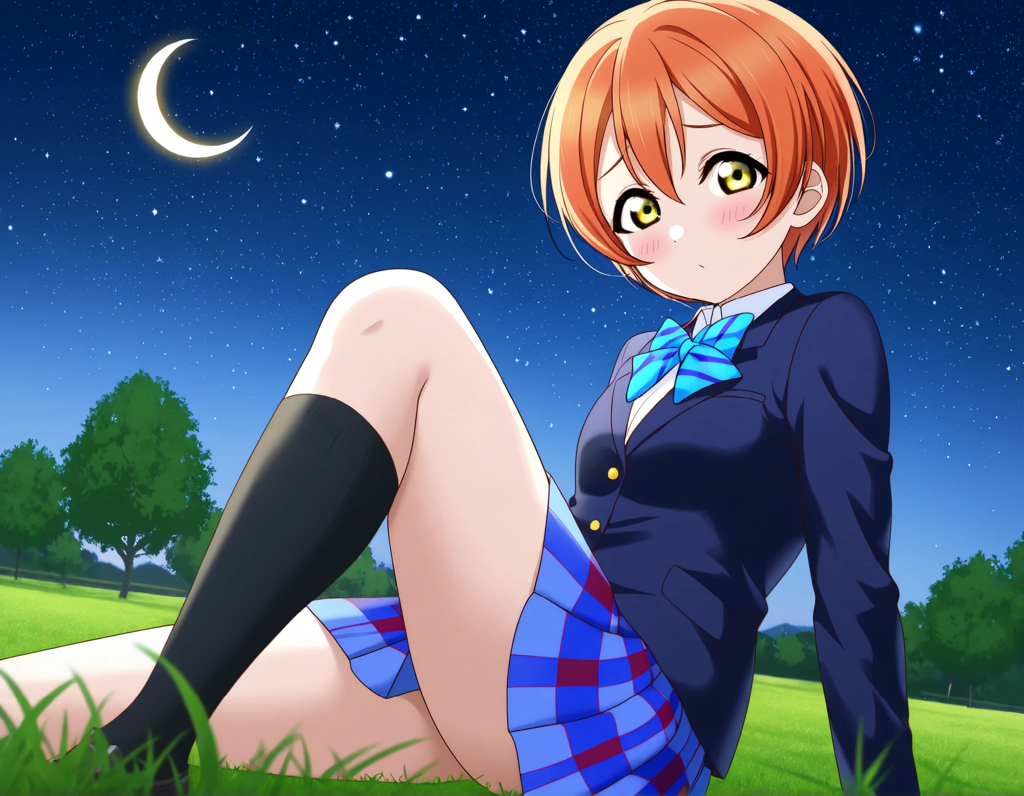1girl, hoshizora rin, striped, short hair, blush, otonokizaka school uniform, lovelive_rin black blazer, blue plaid skirt, blue stripe bowtie, orange hair, very short hair, hair between eyes, yellow green eyes,knee up,crescent moon, stars (sky),looking at viewer,outdoors, sky,grass,tree,