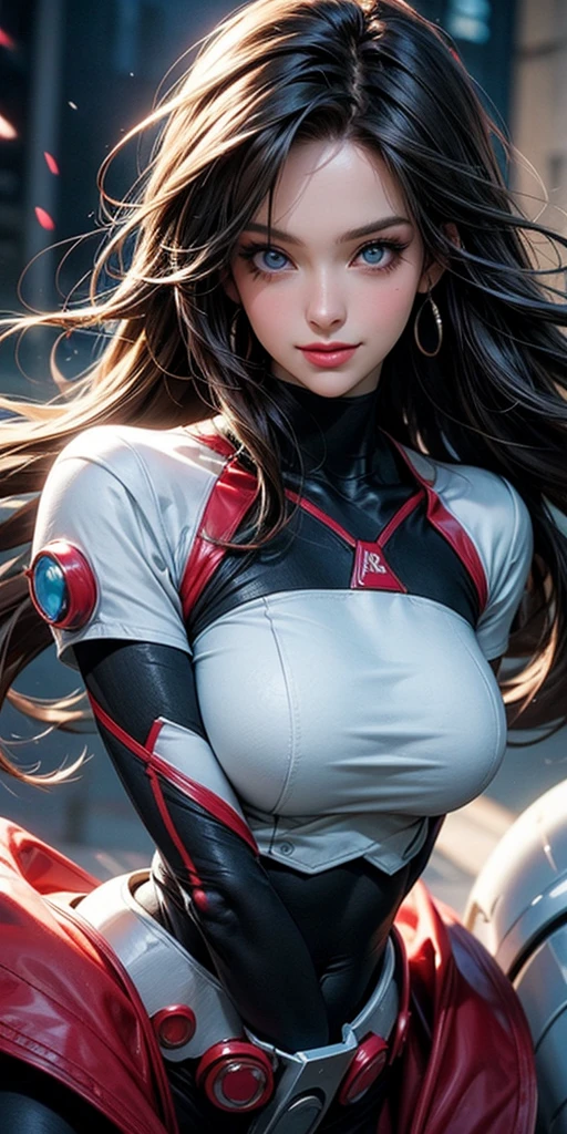 a close up of a person in a red and white suit, anime cgi style, anime cgi, perfect dynamic pose, thicc, tokusatsu suit vaporwave, attack pose, gynoid body, powerful pose, most strongest pose, purple body, villain pose, dramatic powerful pose, wearing tight suit, badass pose, hyper ultra detailed