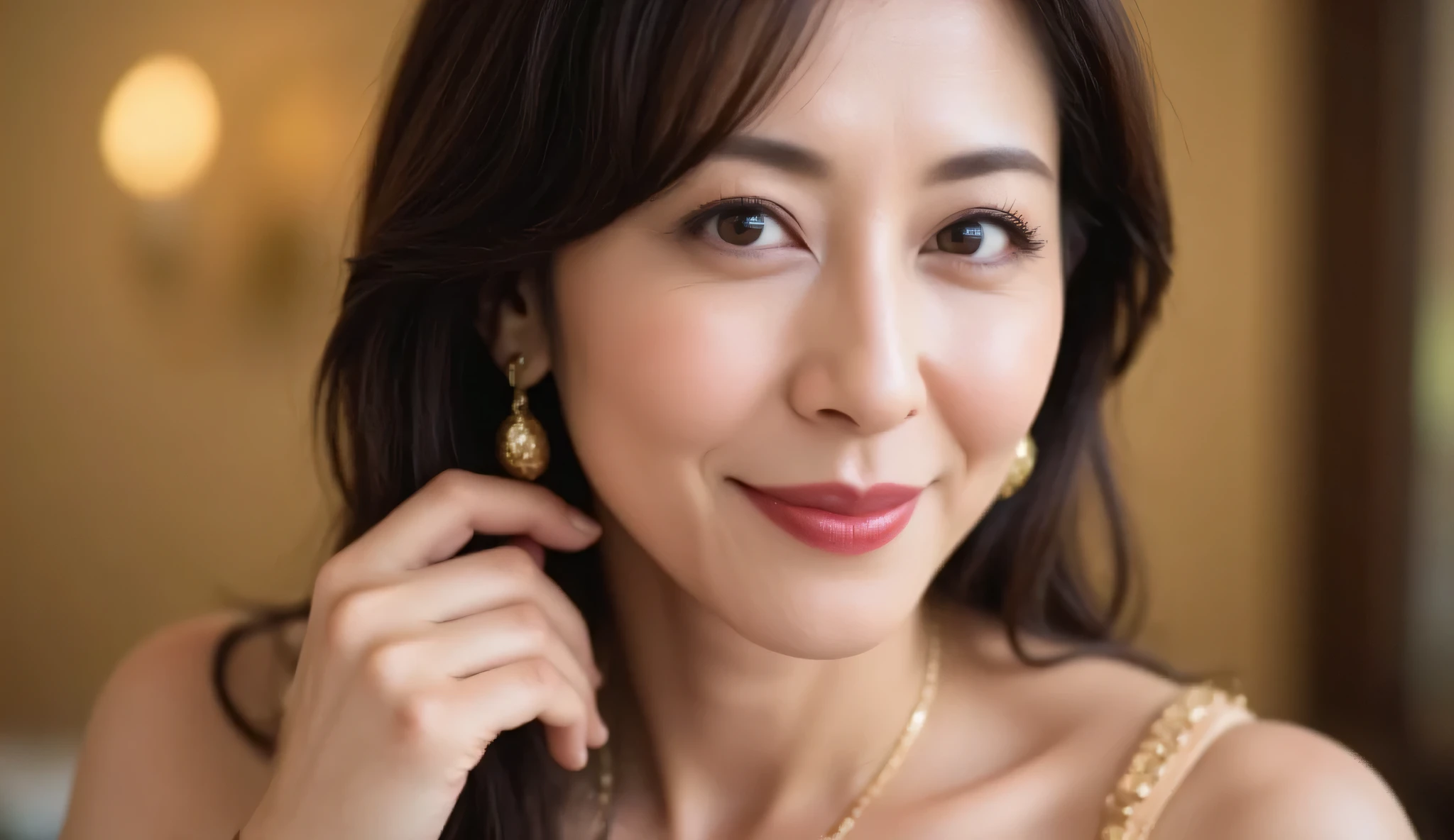 Close-up of glamorous golden diva makeup on a 48-year-old Japanese woman. She is wearing sparkling gold-toned eyeshadow, Cheekbones sculpted with warm bronzer, and a glossy, Deep brown lip color. Her dark brown hair is styled in gentle waves, Gracefully resting on one shoulder, Accessorized with gold accessories. Her pose is poised, Her fingertips are gently touching her bold earrings, radiant elegance. The background is softly blurred with gold highlights, Reminiscent of a Hollywood gala party. (Mature Beauty, high resolution, super precise, masterpiece, hyperrealistic, ultimate beauty, sharp concentration, depth of field, movie-like lighting, physically-based rendering from I was completely naked)"