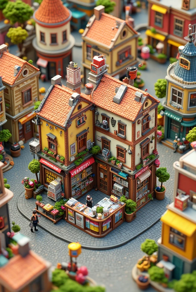 super small news paper shop. tiny world. fish eye camera view.