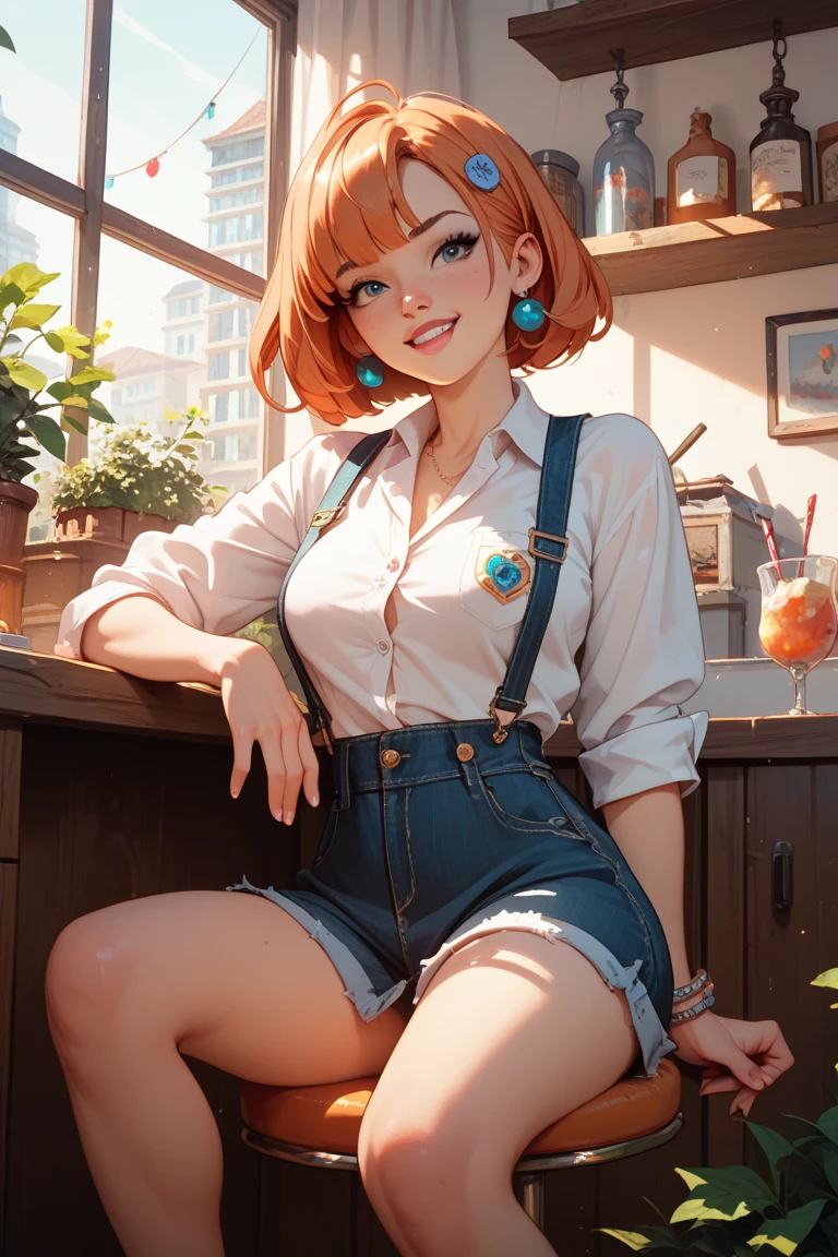 (masterpiece:1.2), (best quality), (ultra detailed), (8k, 4k, intricate),(half body:1.2),(cowboy:1.2),(highly detailed:1.2),(detailed face:1.2), (detailed background),(portrait),detailed landscape,(dynamic pose:1.2),<lora:more_details:0.5> <lora:comercial:0.7>mcdonald 1girl, solo, breasts, looking at viewer, blush, short hair, bangs, large breasts, shirt, long sleeves, cleavage, collarbone,orange hair, pants, blunt bangs, gradient,chips mouth hold, between breasts,restaurant background