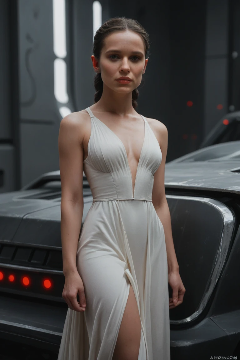Princess Leia, in millenium Falcon, with white dress