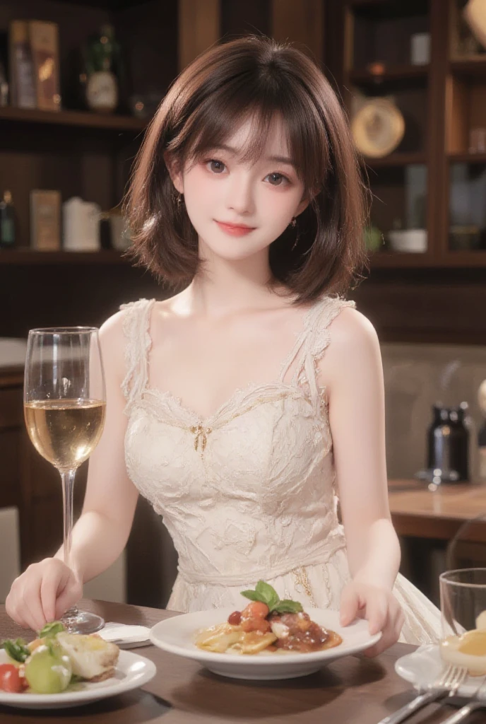 Highest quality, (beautiful)、A pink mini dress with shoulder straps、Larger breasts、Brown Hair、looking at the camera、Sit on the sofa、Close-up、smile、pub、tiara、necklace、Earrings、Holding a glass in your hand、dim