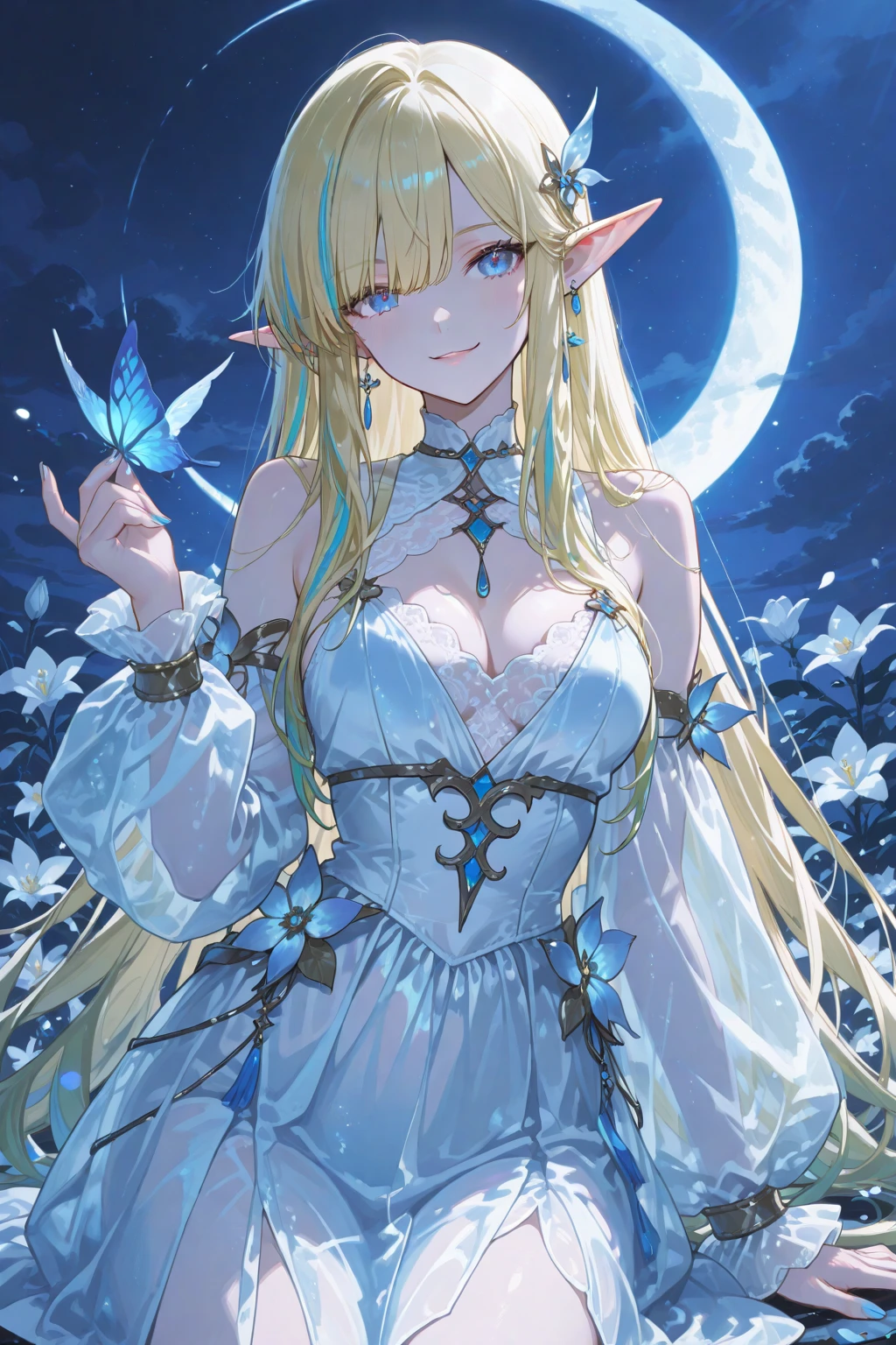 Elf Beautiful dress Light Blonde smile forest magic Masterpiece Night Starry Sky Magic sexy, extremely beautiful