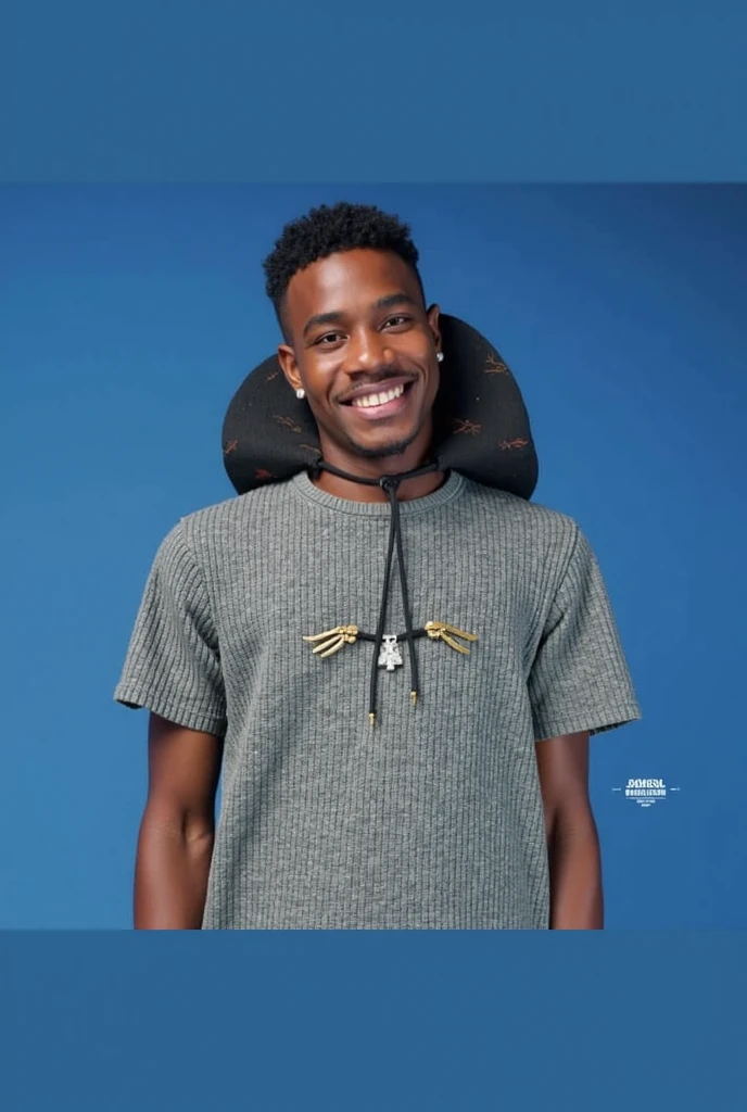An Afro-descendant man in a black t-shirt cap with a denim jacket, with open arms and smiling