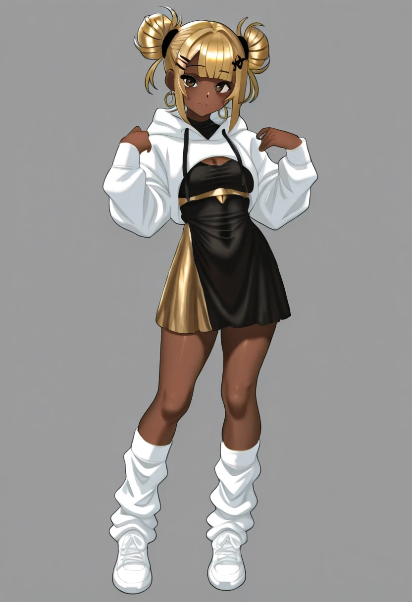 fighting game character art , stylish text "kitsune" , guilty gear strive, arcsys shading, character select screen, fullbody,(african-american-caribbean kitsune class president, with yellow & gold heterochromia eyes, jet black shoulder length braids, dark chocolate skin, glasses, heart-shaped face, concaved Nubian button nose, alluring, powerful. Sensual and slender body, round hips, big pear endowments, heart-shaped bottom, fluffy big sand-colored fox tail peeking out. Sly sweet, powerful, clumsy, and capable, magic shape-shifter, earth and fire user, (((Dressed in a contemporary, modest fashion, orange and white dress, red and orange striped thigh highs, paw-shaped boots, glasses, tail wagging from dress back.))), masterpiece, hdr, 8k, sharp gradients, deep highlights, cel-shaded, 2.5d, incredibly detailed, ray tracing, best quality, amazing quality, hyper aesthetic, detailed character, hyper-absurdres, strong, perfect hands, perfect physique, perfect eyes, perfect anatomy, (hyper stylistic, amazing lighting, incredibly stylistic, dark cool tones, rich atmospheric shading, sensual shadowing, sensual atmosphere, dynamic angle, dynamic pose, dynamic perspective, dynamic line of action, Raw sensuality, fabric texture, sensuous angle, skin indentations, long hair,