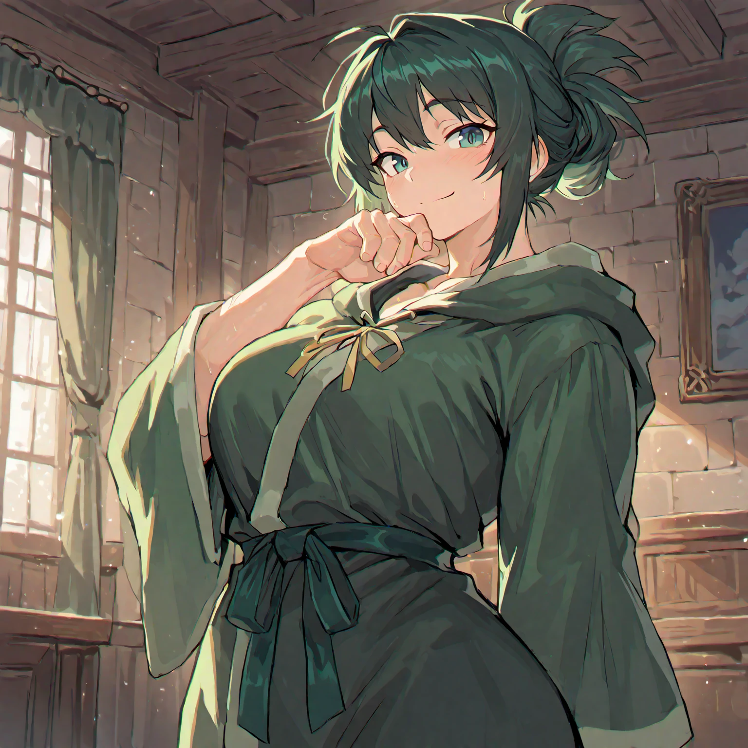 revealing fighting clothes, silk scarf, headband, short black hair, green eyes