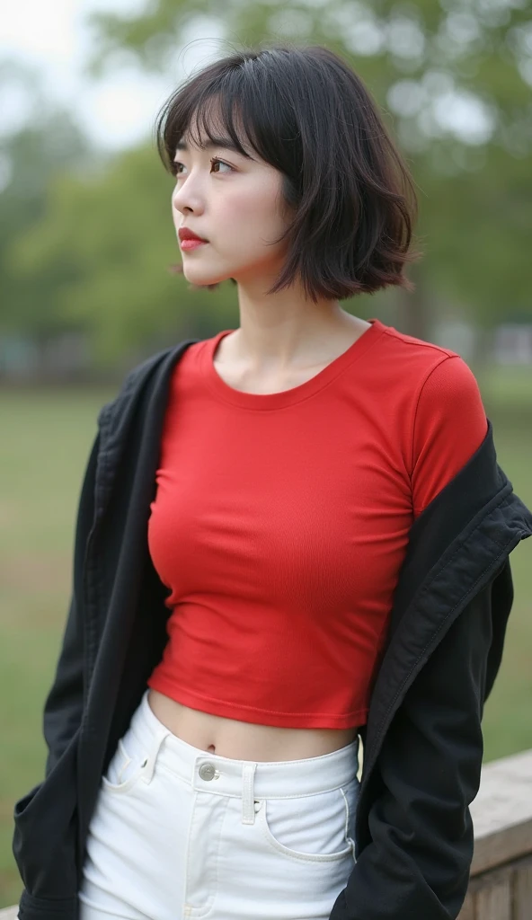 ((1 Woman Solo)), sexy woman, ((Anatomically correct)), short hair, crystal hair, expressive hair, shiny hair, wet hair, (bob cut:1.4), light smile, Surrealism, UHD, masterpiece, ccurate, textured skin, super detail, high details, high quality, best quality, 16k, 8k, ( 50mm Sigma f/1.4 ZEISS lens, F1.2, 1/800s, ISO 100, Photo: 1.1), sweet expression, Lying, (lip gloss, eyelash, shiny face, shiny skin, highest quality, ultra high resolution , Depth of the bounds written, chromatic aberration, caustics, wide light, natural shadow, K-POP idol), big breasts, black stockings, ((Red Shirt)), ((Black Long Tight Jeans)), (Upper Body Shot:1.8), Blurred background, (in the city of TOKYO at Night)