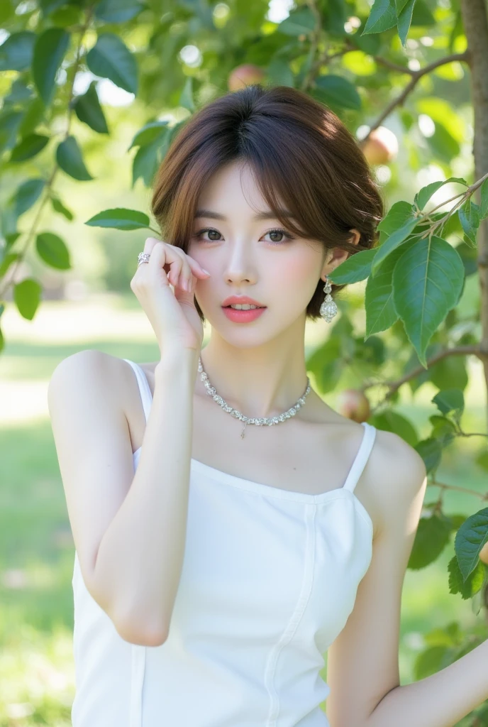 (8k, raw, masterpiece: 1.5), (professional photograph, sharp: 1.2), (natural sun light), (soft shadow), (photorealistic: 1.4), perfect dynamic composition, (1 girl), (Ultra-detailed face and skin), gorgeous face, perfectly proportioned face, dark brown eyes, round eyes, beautiful eyes, glossy eyes, high nose bridge, blush, plump lips, really moist skin, white skin, (delicate skin:1.4), (latex skin:0.4), (perfect glowing skin:0.6), (black colored ponytail hair, bangs), (hourglass figure), (large breast: 1), Refined expression, smile gently at the camera, looking at camera, silver necklace, (red headband), (green yukata)