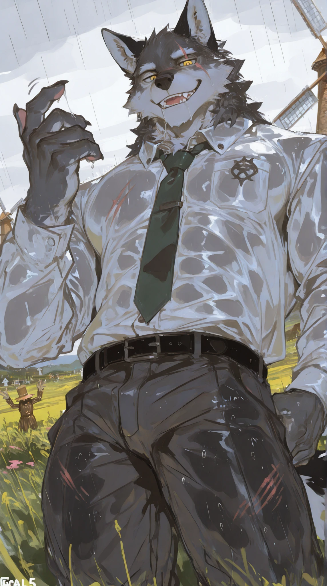 1 Uncle,(((middle-aged_male:1.5))),old_man:0.5,Gray Wolf,furry,behind it is a rainy day,rain,Wet,transparent shirt,scarecrow,windmill,Front View,Golden Eyes,gray fur,white body,Wet,tie,Dress Shirts,white suit shirt,button-down long sleeve shirt,dark gray work pants, belt , stands on a green meadow, from a bird's-eye view,The sky has swallows flying past(stout),strong ones,Abdominal muscles,((:1.3)),(( adult)),((older)),outdoor,8,((downstairs)),strong ones,pink paw,paw,bulge:0.5,, looking_at_viewer,Calm,face is expressionless,Caress_at_viewer,low_angle, from_below, looking_down,best quality, masterpiece, muscular, solo, detailed pupils, bara, wolf, black fur, narrow waist, male focus, muscular, mature, furry, large pectorals,soft lighting, scar on face, scar across eye, scar, mane, thick thighs, tail, dynamic pose, open mouth, smirk, teeth, saliva trail, looking at viewer, (sketch, flat color, sketch marks, flat shading:1.3), emphasis lines, motion lines, (line art:1.1), BREAK score_9_up,score_8_up,score_7_up,score_6_up,score_5_up,score_4_up, wolf boy,Negative prompt: text,logo,signature,bad hands,bad anatomy,hair,lowres,low quality,watermark,logo,one hand inviting viewer,teasing viewer,beckoning