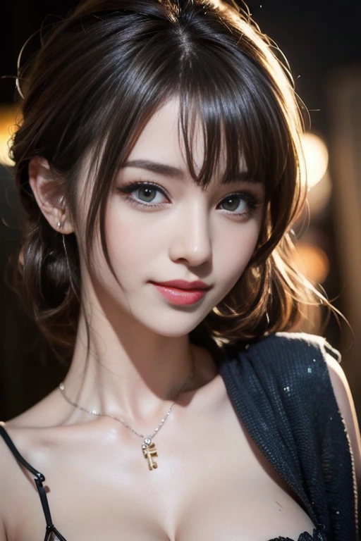 masterpiece, 1 Mature Woman per photo, Front view, Cute Japanese Woman, (輝くBrown Hair, Straight Long Hair), ((China dress)), Very cute face, Glossy Lips, Double eyelids on both eyes, Natural Makeup, Brown Hair, Asymmetrical bangs, High resolution, Attention to detail, Detailed hairstyle, Detailed face, Octane Rendering, Ultra-realistic, Perfect limbs, ((Black choker)), blue eyes, (Big Breasts), ((Slim body:1.5)), Cool Beauty, ((Slim face)), smile, Mature Woman, Browsing Caution:-1.2, Long, Bushy Eyelashes, Cleavage, Satin dress, ((Palace of Versailles, French cuisine)), mess
