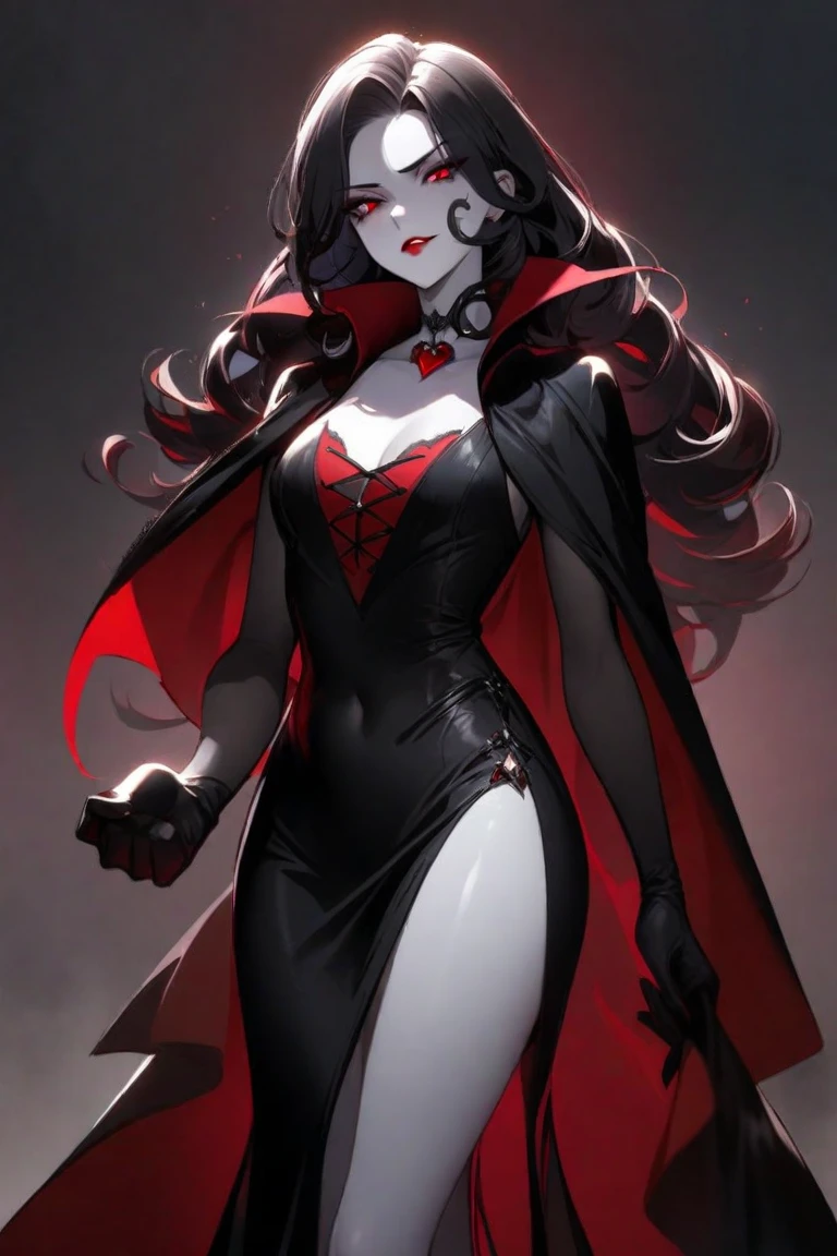 Dark fantasy art, fantasy art, goth art,  a picture of a female vampire, exquisite beauty, full body shot, dark glamour shot,  pale white skin, dark blond hair, long hair, wavy hair, (icy grey: 1.3) eyes,  she  wears a (red: 1.5) dress, ArmoredDress, the dress is decorated with (black: 1.5)  roses mad-neon-noir, betmd, high heels, dark castle background, porchm, RagingNebula