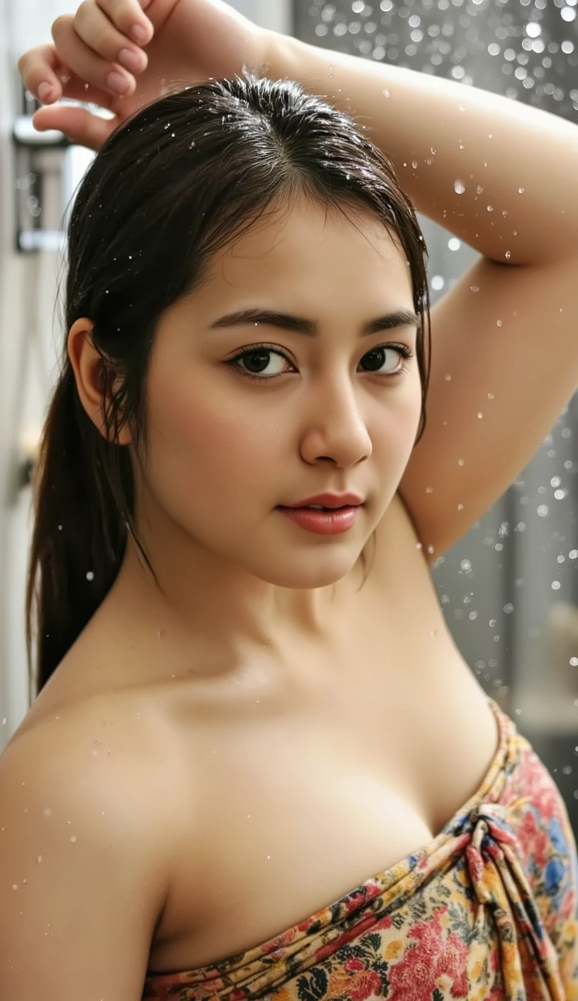 beautiful woman, under the shower tray, menari, detailed portrait, pretty face, passionate expression, tubuh indah, graceful movement , minimalist background, natural light, art photography , digital painting, 8K, HDR, ultra-detailed, vivid colors, cinematic lighting