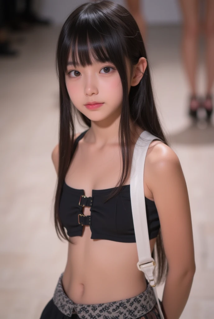 Tube top,midriff peek,frill panties,,open mouth,tongue out,cum on tongue,standing,looking ahead,from above,flont view,cowboy shot,(1girl,Beautiful 14 year old girl),((Slender,Small breasts,Small face,)),looking at viewer,Black Hair,bangs,one side up,Beautiful and detailed,Mischievous smile,Dimly lit room,Simple Background,Black background,Low lighting