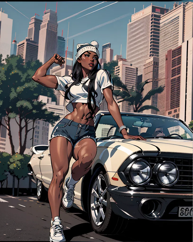 1girl, grin, sitting,  green eyes, looking at viewer, car, sitting on car,  handgun, holding weapon,( holding gun), ((aiming at viewer)), hoop earrings, orange skin, red hair, hair ornament, huge breasts, underboob,  tank top, cut off jeans, shorts, short shorts, denim shorts, open shorts, open fly, PandaD,  <lora:PandaD:0.7>, solo, 4k, detailed face, lips, cowboy shot