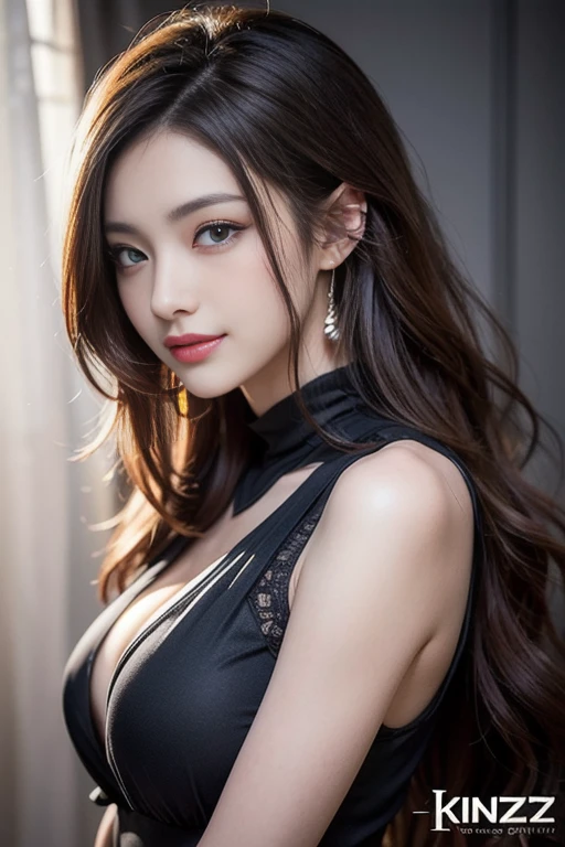 Beautiful Asian girl with big breasts wearing red nightgown, 4k