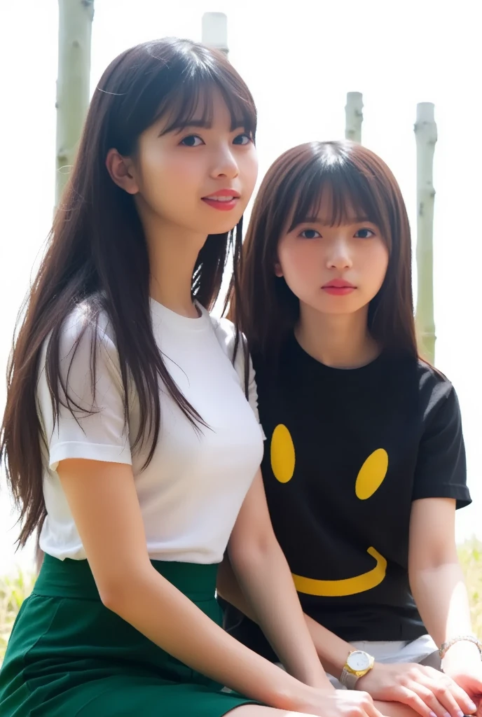 Asian cute girl, 8 years old, a little kid, with T-shirt and short skirt, big breasts, baby face, tiny kid, tiny body, short arms, short legs, bending forward, exposing her cleavage, solo, smile