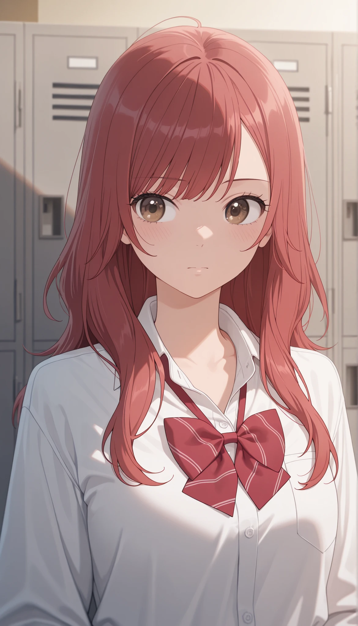 masterpiece,最high quality,high quality, Sugano Serina, Red hair, Long Hair, brown eyes, 1 girl, solo, locker, uniform, bow, viewers, shirt, Indoor, upper body, bowtie, white shirt, Best, collared shirt, Plain Bangs