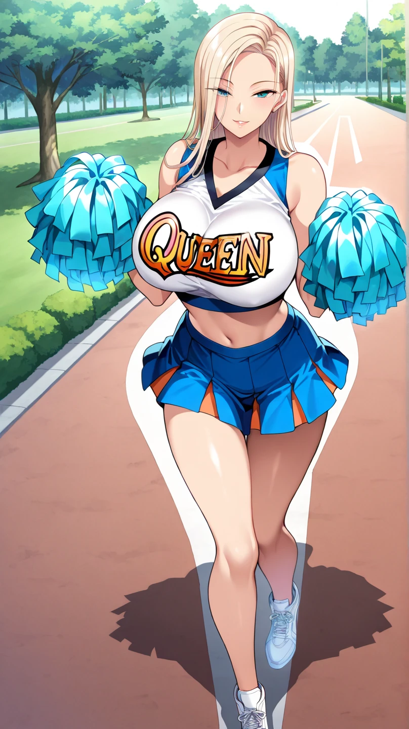 (high resolution), 1girl, woman, mature female, housewife, milf, 40 years old, (curvy woman:1.4), (smile:1.6), (evil grin, light smile:0.5), one eye closed, right eye closed, (shiny skin, glistening skin, high gloss skin:1), (cheerleader:1.5),  breast focus, (gigantic breasts:1.2), solo, black hair, middle hair, bob cut, black eyes, (looking back at viewer), sports ground, 