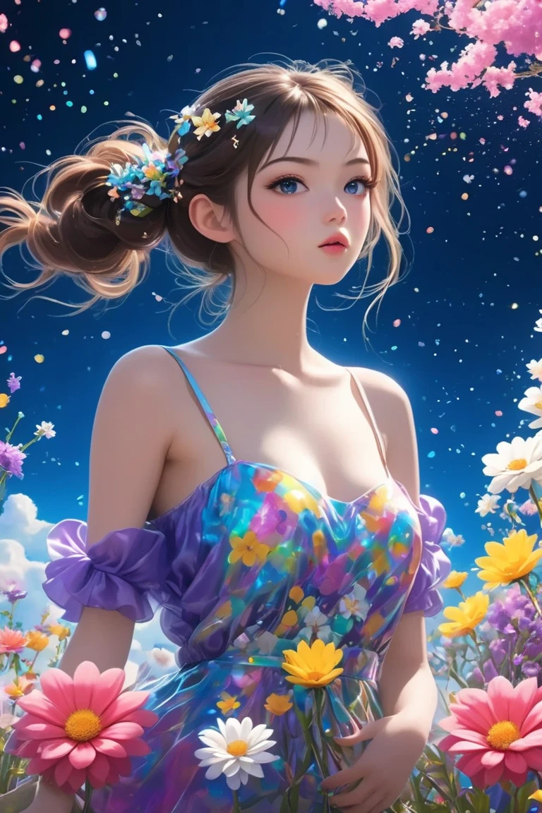 A girl holding flowers, colorful balloons floating in the sky, meadow, dancing, holding flowers, happy, happy, perfect quality, clear focus (clutter-home: 0.8), (masterpiece: 1.2) (Realistic: 1.2) (Bokeh) (Best quality) (Detailed skin: 1.3) (Intricate details) (8K) (Detail Eyes) (Sharp Focus), (Happy)