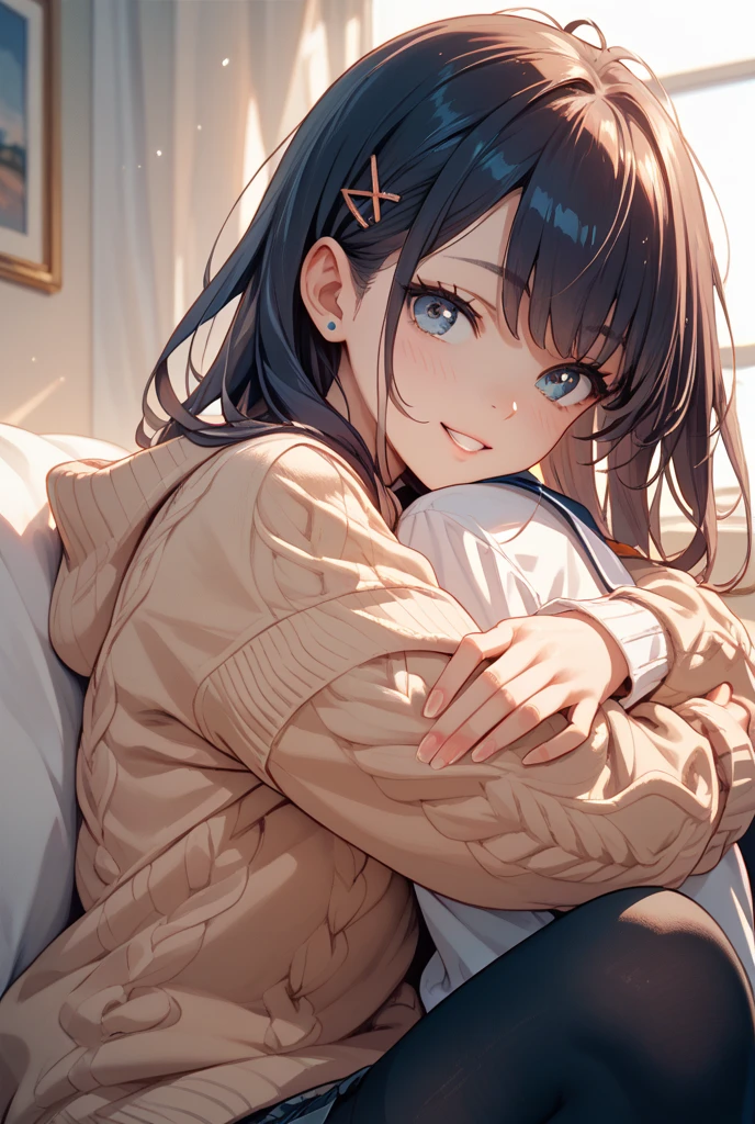 (best quality,4k,highres,masterpiece:1.2),ultra-detailed,realistic:1.37,anime style,soft lighting,romantic colors,beautiful detailed eyes,shy smile,adorable look,elegant brunette girl,slender physique,surreal background,wearing a fitted black blouse and blue jeans,adorable,deeply in love with the viewer,dream-like ambiance,cuddling with the viewer;seductive yet innocent