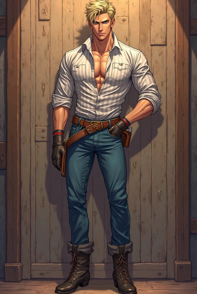 (original-art:1.2),(lineart:1.33), 1male, black hair, 1950s greaser, mature masculine muscular, handsome chisled facial features, muscular hairy body, 70s mustache, unbuttoned ripped white shirt, open shirt, un-zipped jeans, opened pants, pubic hair, huge crotch bulge, sexy, hot, jock, erotic, (hyperdefined),(inked-art), hero-angle, masculine stance, erotica, mocho, full body shot, cartoon, indoor, dramatic lighting, sidelighting,complex lighting,(full vibrant colors),hatched-texture,(fine-details:1.2),absurdres,flat-colors,ultradetailed, city street,