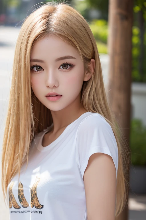 The young woman was in her s., Her hair was long, White Facial, Bold Oriental Eyes, Sexy lips. She's half android、In other words, half human and half mechanical.. She is wearing a futuristic high ., From above, the uniform is white., From below, the uniform is gray.. Her uniform is made of iron、There is a red sphere on his chest。. Her eyes are as sharp as an eagle's. She is standing in a garden where everything is futuristic and mechanical.. The bright light of the morning and the flames from the sun made her look like an angel on her head.. Surreal, photographrealistic, CG, photograph, Attention to detail, close, Portraiture.