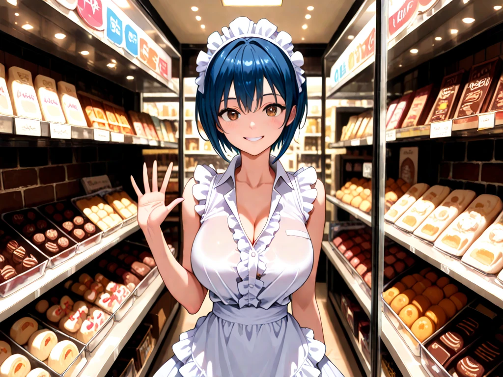 Restaurant. clerk, customer service, 17 years old, beauty, big, cleavage, ecchi see-through bikini, ecchi see-through T-back, bite, back appearance, short hair, embarrassing