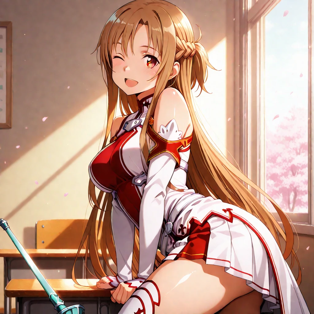 nsfw,Asuna yuki(Sword Art Online), Long bronze hair,Braiding,Brown eyes,Beautiful Eyes,Roll Forward,Armature,breastplate,Long sleeve white shirt,Removed sleeve,Red and white skirt,Pleated skirt,Real,Her slim legs are really cute.,Very beautiful long legs.,White thighs,garter,Perfect body,Real,                       from the front ,Sit on a chair、Spread your legs ,( White embroidered panties), （,arms behind back,） 