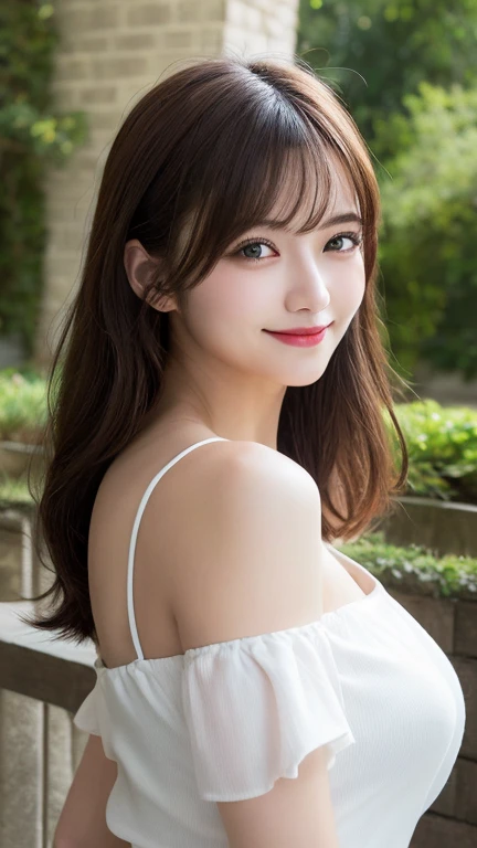 (top-quality、hight resolution、masterpiece:1.3)、Tall and cute woman、large full breasts、Dark brown hair styled in loose waves、large full breasts、a white bikini、(Rows of cherry blossom trees in the background、Details exquisitely rendered in the face and skin texture、Detailed eye、二重まぶた、A smile