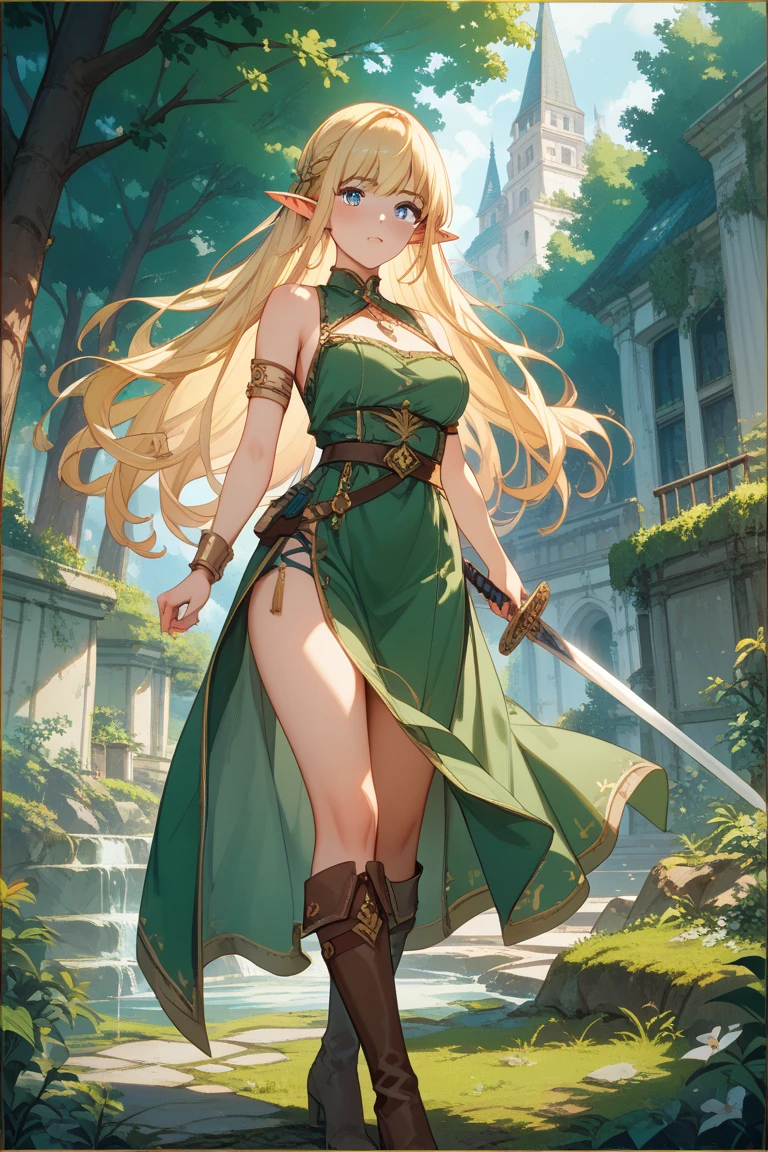 A white anime woman with long blonde hair and large breasts. green tunic and green skirt with a sword in the left hand and the shield in the right