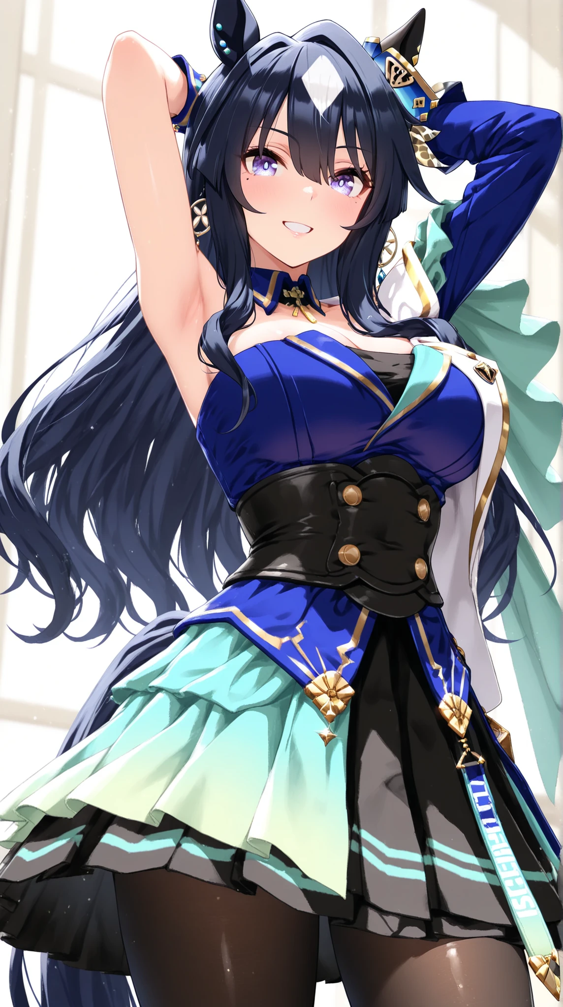 best quality, extremely detailed,anime style girl,long hair down to the waist, straight hair, ((dark black hair with bluish)),((crown braid)),beautiful detailed eyes, pinched eyes, (dark blue eyes),huge breasts,curvy,((cutie colorful dress)),Fine decoration,clothing with complex patterns,smile,café,Diagonal angle,dynamic angle,active pose
