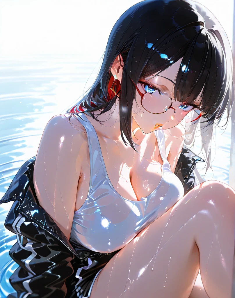 ((Highest quality)), ((masterpiece)), ((detailed)), (4K), 1girl, 独奏, multicolored hair, black frilled panties, white T-shirt, glasses, large breasts, spread legs, (looking down), (from above), looking at viewer, wet, sweat, blush, angry