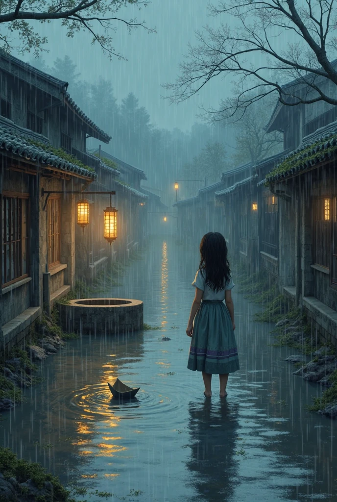 During the Qingming season, idyllic songs, in a drizzle, boys and girls play in the rain, small puddles on the dirt floor, one of the larger ones reflects their shadows --auto --s2