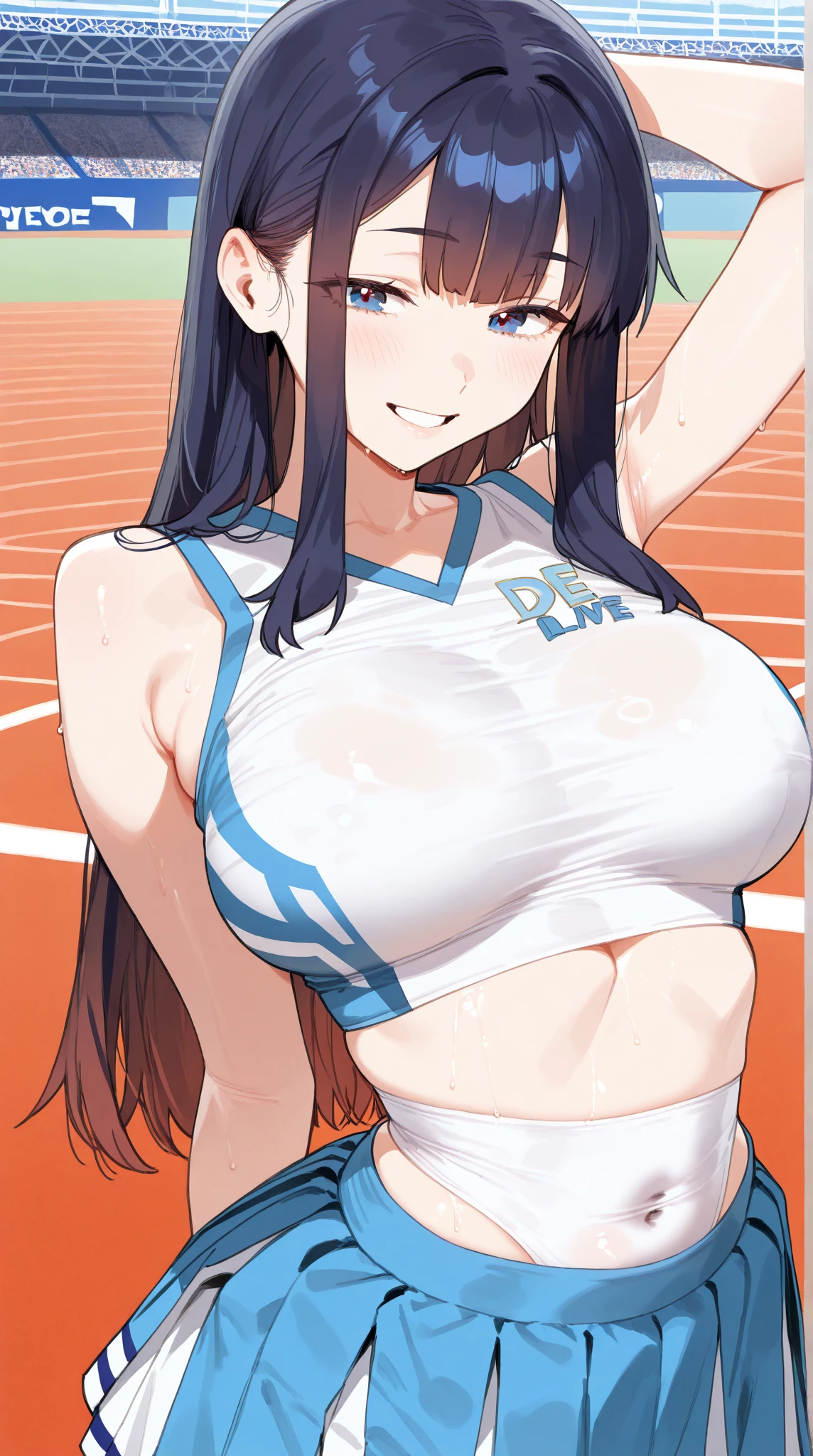 (Beautiful line drawing illustration on a pure white background)、(Line drawing with shading)、Shirtless busty volleyball player、cute face