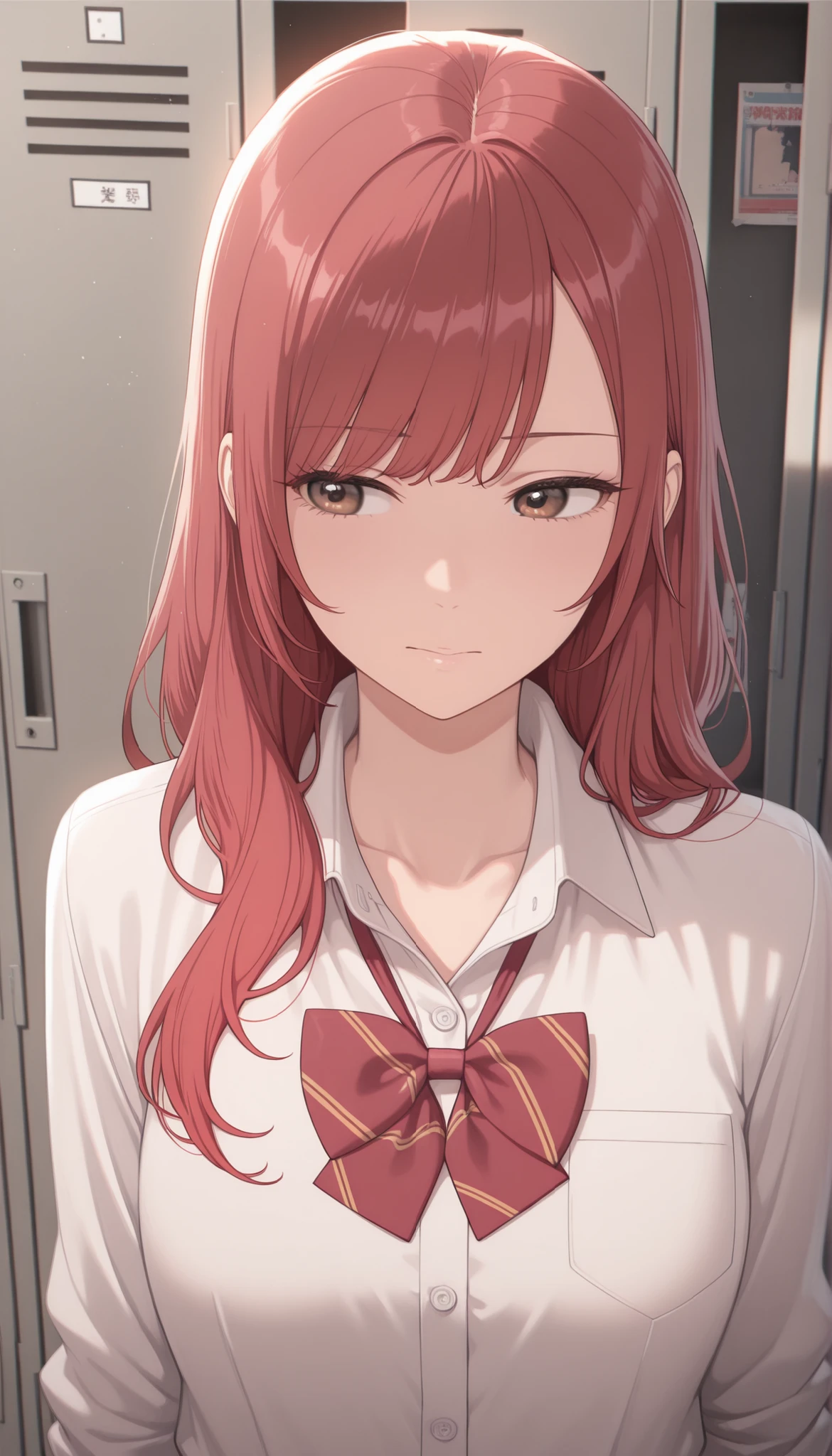 masterpiece,最high quality,high quality, Sugano Serina, Red hair, Long Hair, brown eyes, 1 girl, solo, locker, uniform, bow, viewers, shirt, Indoor, upper body, bowtie, white shirt, Best, collared shirt, sober bang