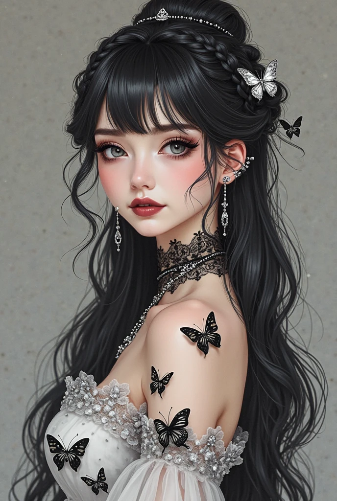 (1 girl 1.3) (extremely detailed 1.3) (anatomically correct, High precision, realistic skin, realistic Fingers, ) (RAW photo, Super detailed, advanced details, intricate details,), (Lighting: Face lighting, Ray tracing, reflective light, Structurally correct) ((full body Esbian Angle from directly above:1.1)), ((Beds made of flowers:1.3))、((there are black and red flowers around her))、((Lying on her back on countless flowers:1.3)),(Subject: beautiful Asian woman with White hair in curls and coils) (wearing a White corset, white panties, neck wrists and fingers, ((beautiful big blue eyes looking up at the viewer, black shiny lipstick, perfect Asian goth cyber makeup))