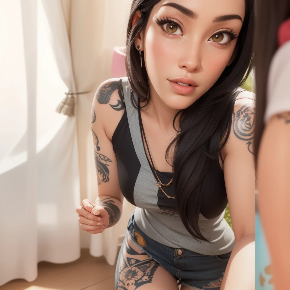A stunning woman stands solo, hips slightly upturned, her detailed face radiating a sultry invitation. amber eyes shine like warm honey as she sports multi-colored hair with trendy bangs. A tattooed dragon wraps around her toned physique, visible beneath a fitted t-shirt that accentuates her chest. A delicate necklace glimmers against her skin as she confidently wears a sexy smile. Her mischievous gaze seems to say 'come closer', drawing the viewer's eye like a magnet. Framed by a soft, beauty is perfectly balanced and on full display, with the tip of the nipple showing through