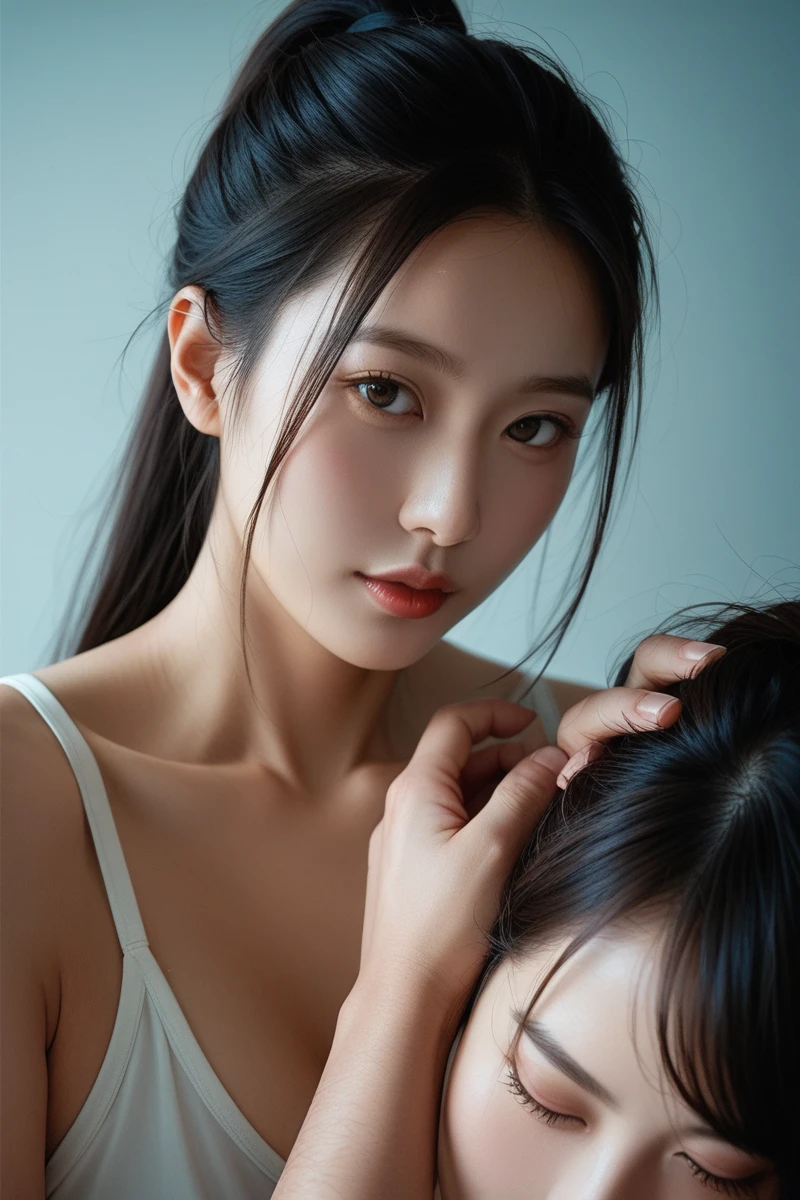 Malay , (Female), mid-20s, long hair, shaving her head leaving bald patch on middle of her scalp, high detail hair and scalp