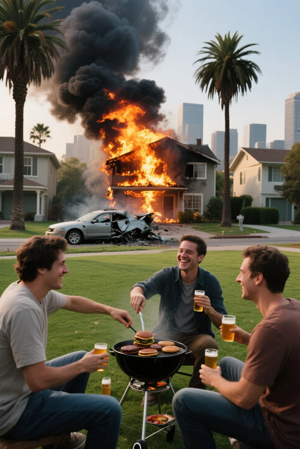 duo selfie pose, two (firefighter:0:1) men next to each other in front of a table, birthday cake on fire on a table behind them in the background, suburban backyard in the distance, <lora:sdxl_wojakpoint_v14-step00001100:1>