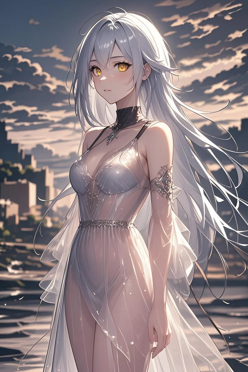 masterpiece, Highest quality, (alone focus), (Perfect Face:1.1), (Attention to detail:1.1),dramatic, (an alluring albino angel guy with long flowing pure white hair and piercing White eyes),1 person, (Pale skin), Long Hair, White eyes,  alone, Long Hair, moon, night, White luxury suit, Covered navel, Pouting, Covered, Future City, Detailed Background, Artgerm Cinema Lighting, Roses and vines, fashion, Balenciaga Style