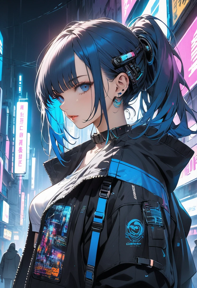 A cyberpunk-style woman with sapphire blue hair in a bob cut, blue eyes, and a haughty expression, standing on a night street with neon lights, under a dramatic lighting and angle, looking away, in a fantastically noir style, high-quality illustration with depth of field.