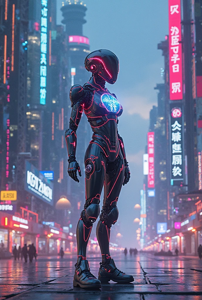 Mecha girl，Future machinery stands in front of the earth,whole body, In the context of the city of the future, The combination of biology and machinery, Transparent mechanical girl, The internal structure is complex and precise, glowing neon lights,(high detail, masterpiece, best quality, ultra high definition, Sharpen details)